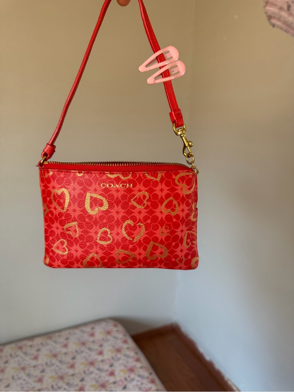 Coach Red Signature Heart-Print Crossbody Wristlet